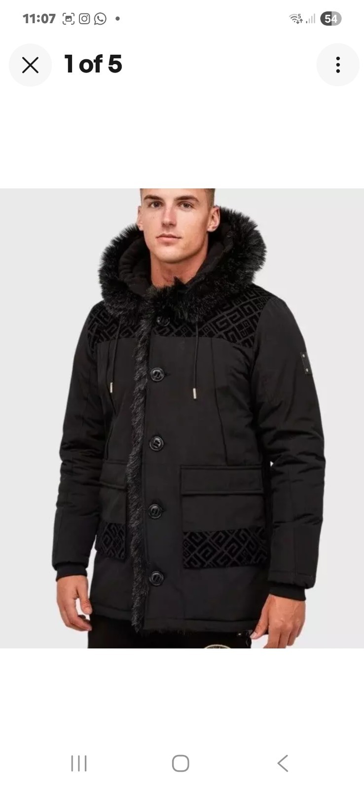 Glorious Gangsta Palaro Long Puffer Parka Button Jacket Black - Chest size = 42"