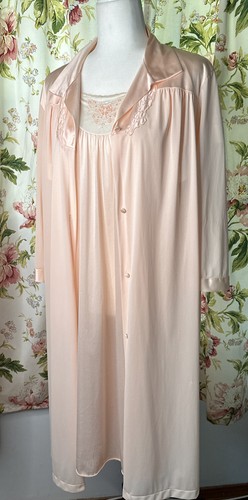 Vtg Vanity Fair Nightgown & Robe Set Butterfly Peach Orange Full Sweep Nylon Med - Picture 2 of 17
