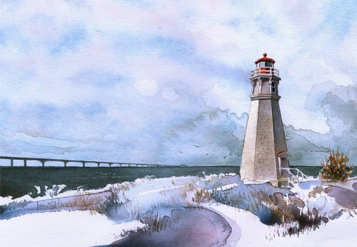 Faro di Cape Jourimain, Nuovo Brunswick Canada. Biglietti da appunti acquerello James Mann - Foto 1 di 2