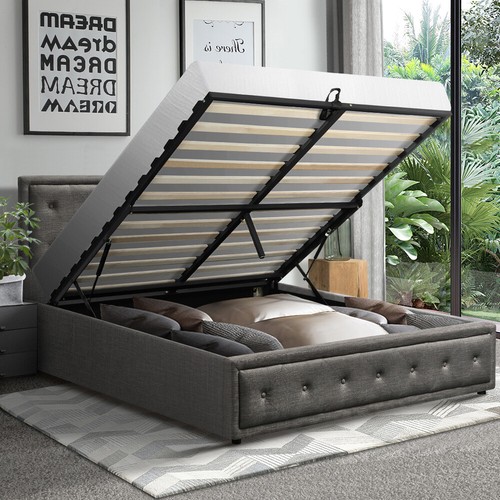 Bed Frame Queen Double King Single Size Gas Lift Base with Storage Linen Fabric - Picture 25 of 33