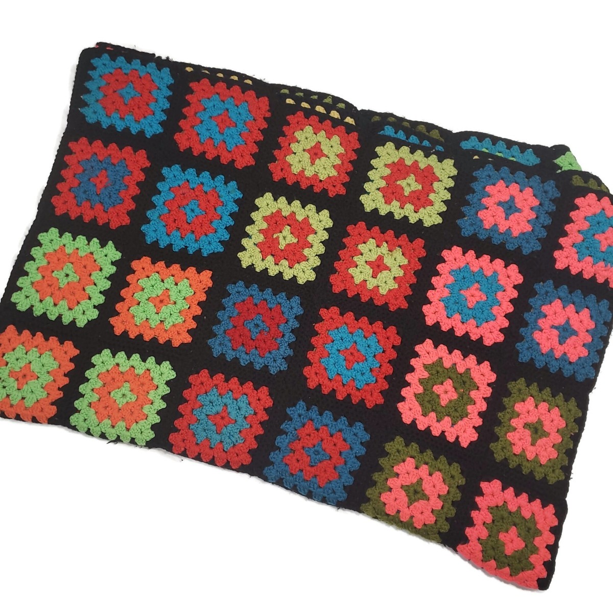 Vintage Granny Square Afghan Black Rainbow Crochet Blanket 56x90