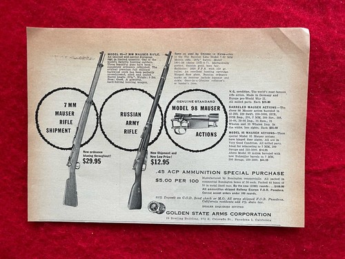 Vintage 1955 Golden State Arms Corp. Print Ad 7 mm Mauser & 98 Mauser Actions