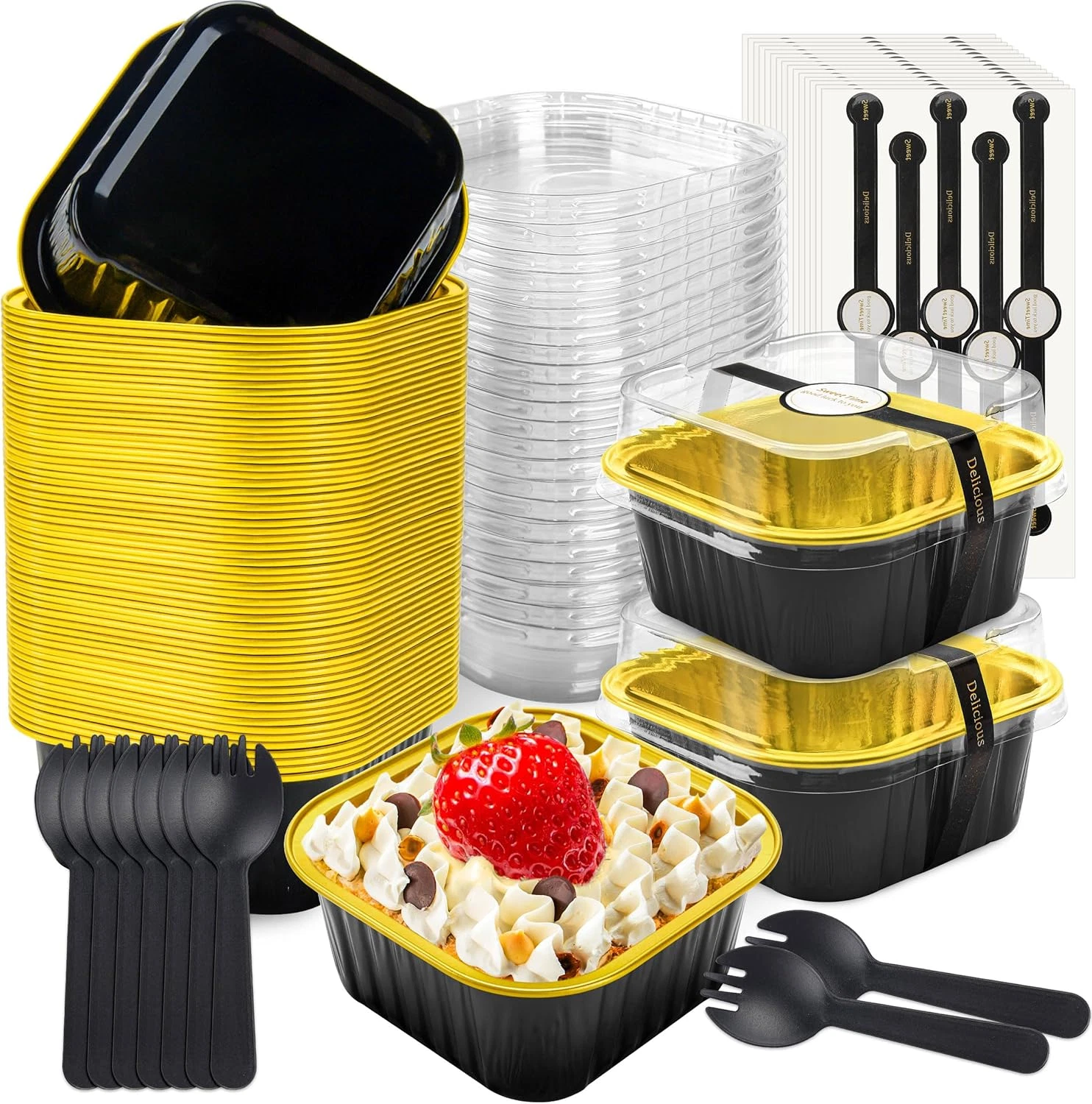 50 Pcs Mini Square Baking Cups with Lids and Spoons Aluminum Foil Mini Cake Pans