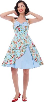 Neckholder-Kleid im Vintage-Stil blau mit Blumenmuster | Größe M / UK 12