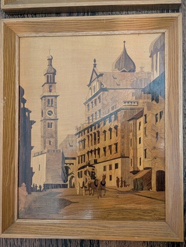 Rare Vintage Wood Inlay Art Augsburg Rathaus Buchschmid Gretaux, Germany Frame