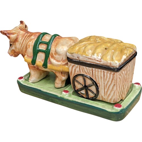 Bull Cow Salt Pepper Shaker Set Stand Ox Cart Pioneer Mose Co NY Japan Vtg - Picture 7 of 22