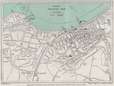 COLWYN BAY Vintage Stadtplan. Wales. WARD LOCK 1950 alte Vintage Kartenkarte