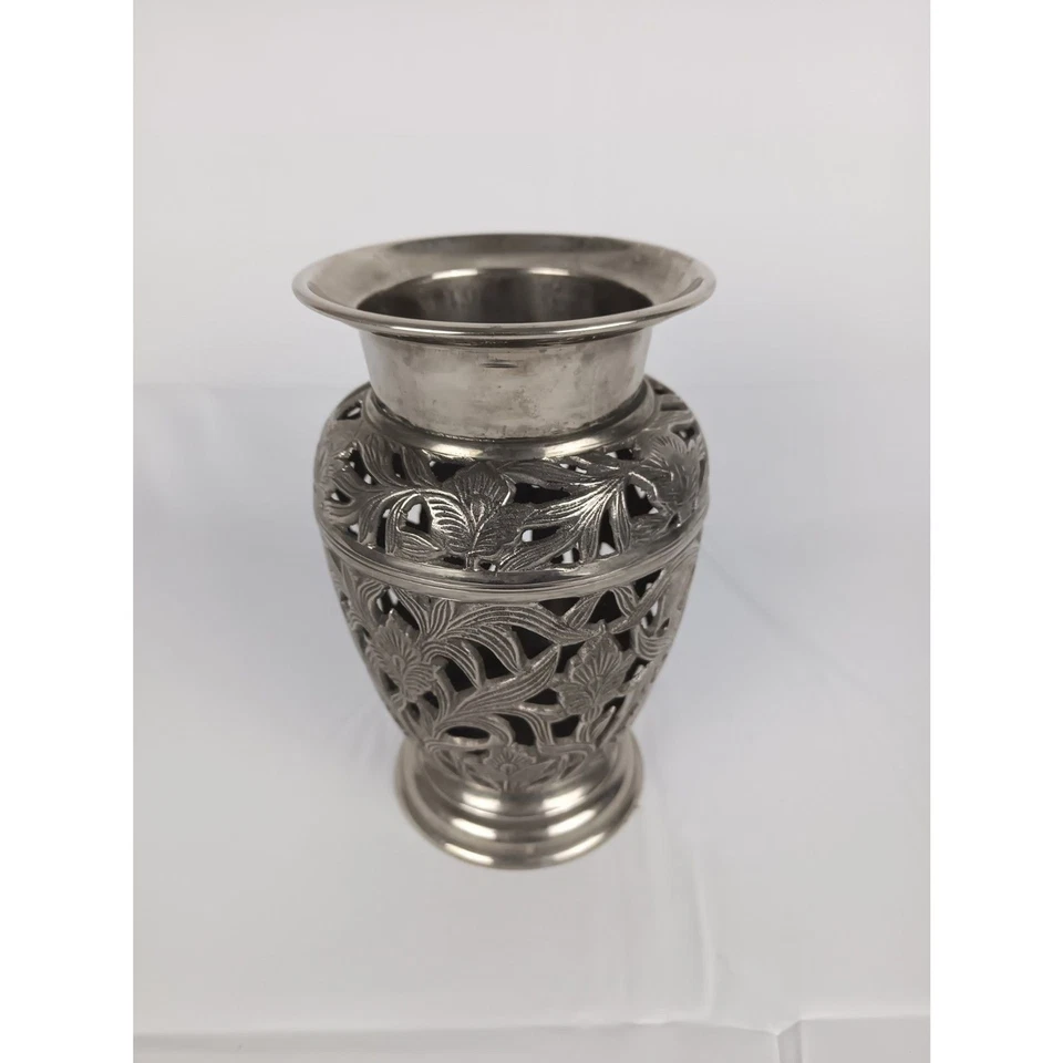 Heavy Metal Vase Stainless Steel Decorative Flower Vase 8 In Intricate Metalwork - Image 4 of 4
