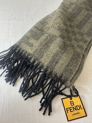 Fendi Cravatte Zucca FF Wool Scarf Olive Green Black Fringe Made Italy 64x14 NWT