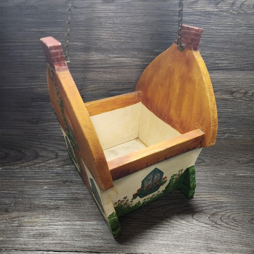 Vintage Hand Painted Wooden Cottage House Hanging Planter Chains 11 Inch Decor - Picture 3 of 8