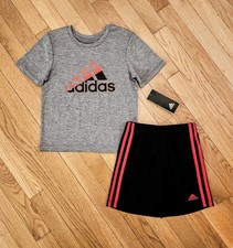 NEW ADIDAS Toddler Boy Tee  Short Set, Gray/Red 2T, 3T 