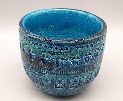 Bitossi Keramik Aldo Londi Blumentopf 10 cm hoch Rimini Blu Übertopf Midcentury