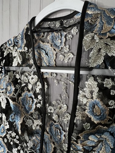 Alex Evenings Jacket Womens Small Black Blue Gold Floral Embroidered Sheer Party - Picture 4 of 14