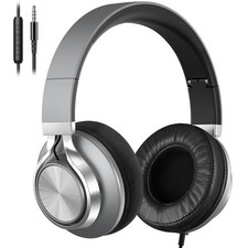 Over Ear Headphones Wired with Microphone - Noise Isolating Large, Grey