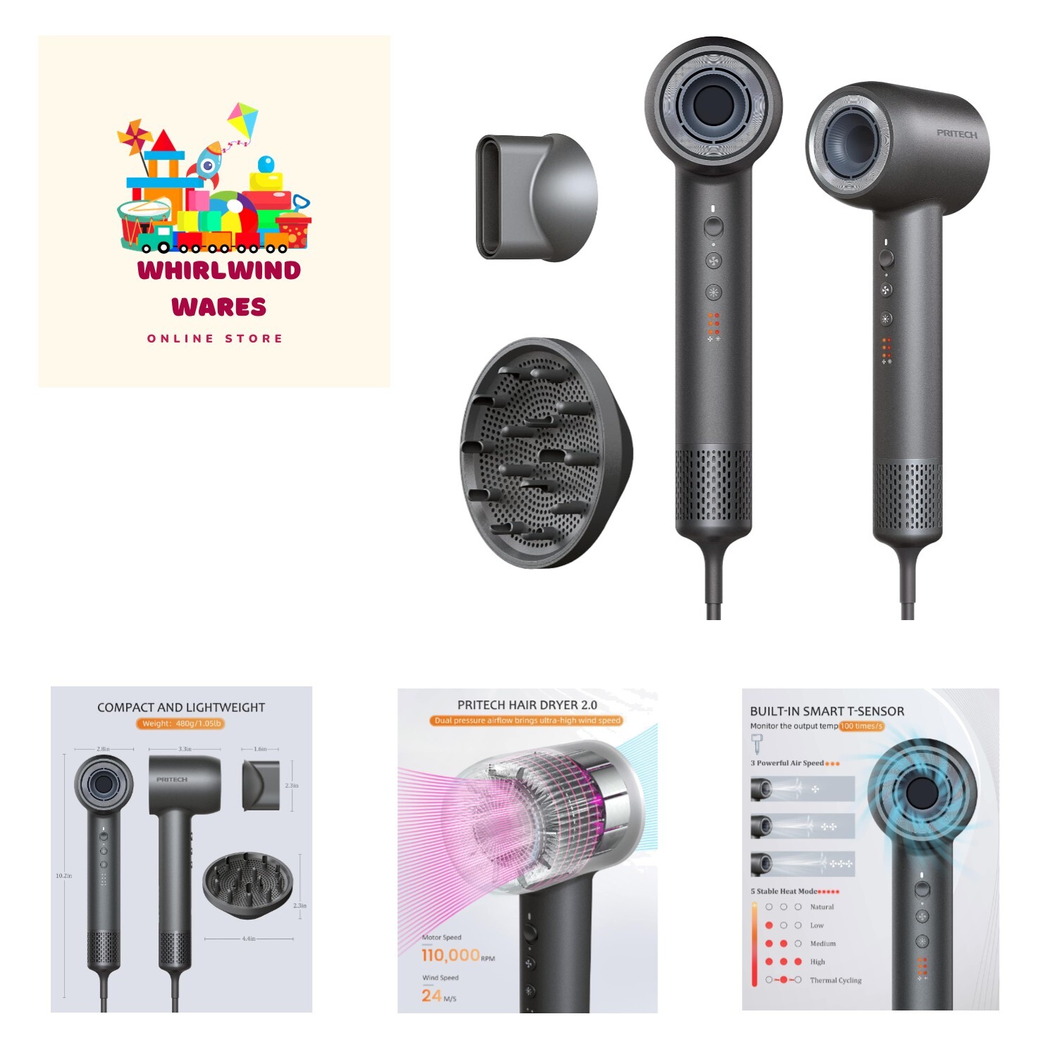 1600W High Speed Ionic Hair Dryer with 110000 RPM Brush for Fast Drying-image