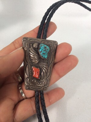 Native American Navajo RHY sterling Silver turquoise Coral bolo tie No ...