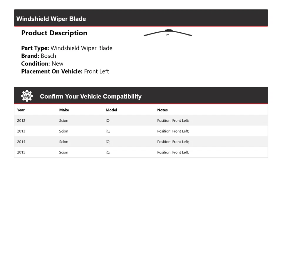 For 2012-2015 Scion iQ Bosch Windshield Wiper Blade Evolution Front Left 2013 - Image 2 of 4