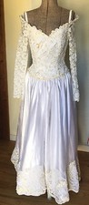 Vtg Wedding Dress Princess Ball Gown White Off Shoulder Long Sleeve Lace Bead