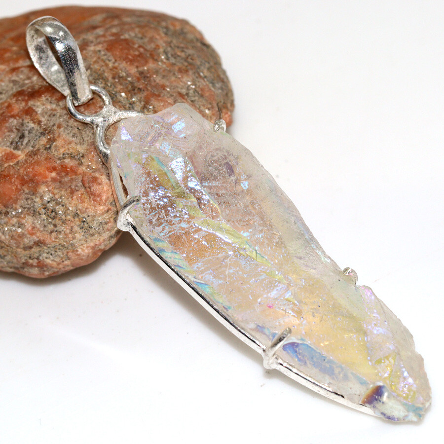 925 Silver Plated Crystal Titanium Aura Quartz Pendant Jewelry Size 3