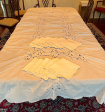Large White Cotton Tablecloth 11 Napkins Cutwork Embroidery 62 x 112