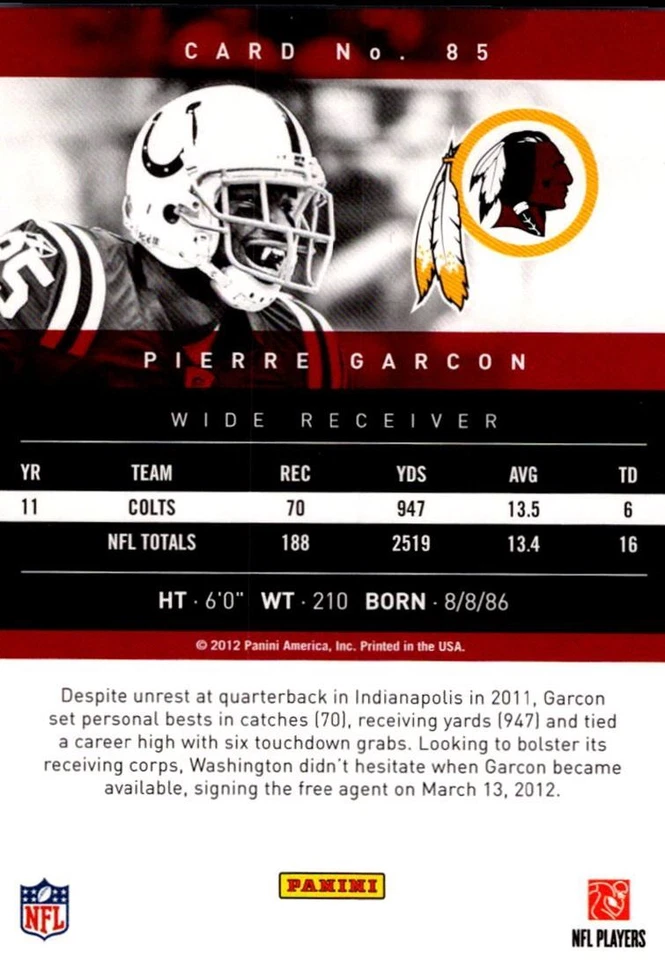 2012 Panini Prestige Pierre Garcon Washington Redskins #85 - Image 2 of 2