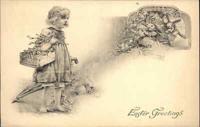 Easter Fantasy Little Girl Rabbits Human Clothing Pencil Drawing c1910 Postcard