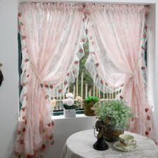 Idyllic Strawberry Pink Tulle Door Curtains Lace Warp Ruffled Curtains for Lace