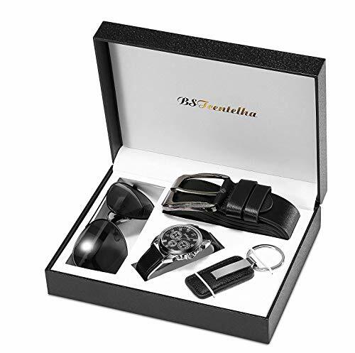 Coffret cadeau homme avec montre à quartz et accessoires en cuir noir