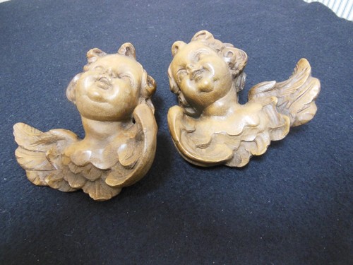 Two (2) German Hand Carved Wooden Cherub Angel Heads/ Putti Wall Ornaments - Picture 4 of 7