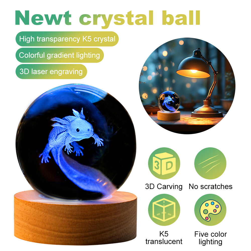 3D Axolotl Laser Crystal Ball Night Light Colorful Animal Lamp for Home Decor  