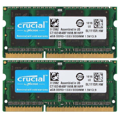 Crucial 8GB KIT 2X 4GB DDR3 1333MHz PC3 10600S Laptop 204Pin SODIMM Memory RAM - Picture 3 of 9
