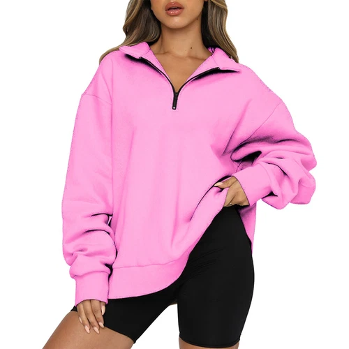 Womens Oversized Half Zip Pullover Long Sleeve Sweatshirt Hoodie Sweater Blouse - Picture 4 of 75