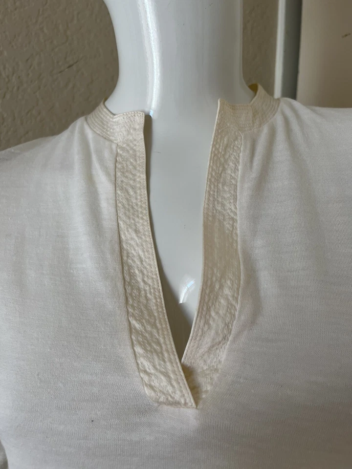 MAJESTIC PARIS Ivory Lightweight Silk/Linen Knit Split Neck 3/4 Sleeve Top Sz 2 - Image 2 of 4