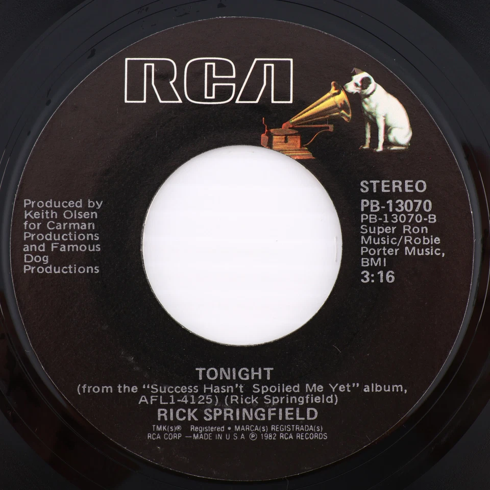 Rick Springfield – Don't Talk To Strangers / Tonight - 1982 45 rpm RCA PB-13070 - Image 4 of 4