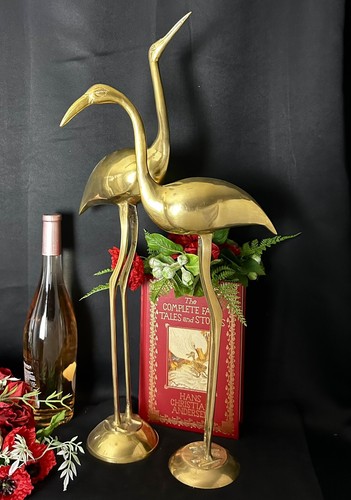 Brass Flamingo Statues MCM Tall Decorative Brass Beach Flamingo Decor 20" / 24" - Picture 4 of 11