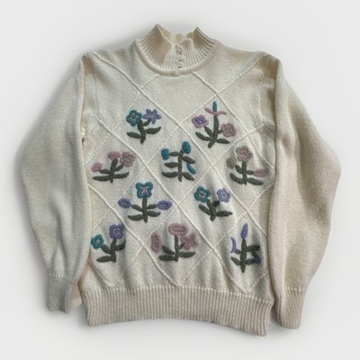 ALFRED DUNNER Vintage Floral Embroidered Sweater Ivory Granny Cottage Women's M