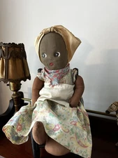 Vintage Handmade African American Black Cloth Doll With Apron