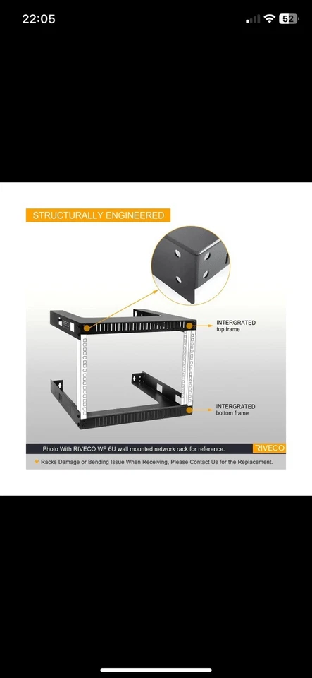 RIVECO 4U 19" Wall Mount Network Rack – 17.7" Deep 2 Post Open Frame Cabin - Image 3 of 4