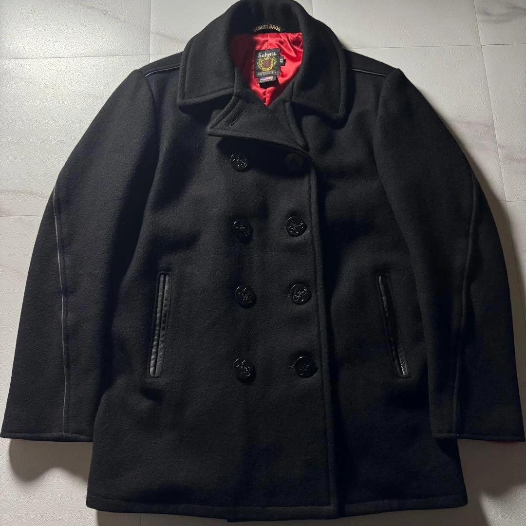 Abrigo SCHOTT 740C2 Pea Lana Azul Marino Rojo Forro Auténtico de Japón