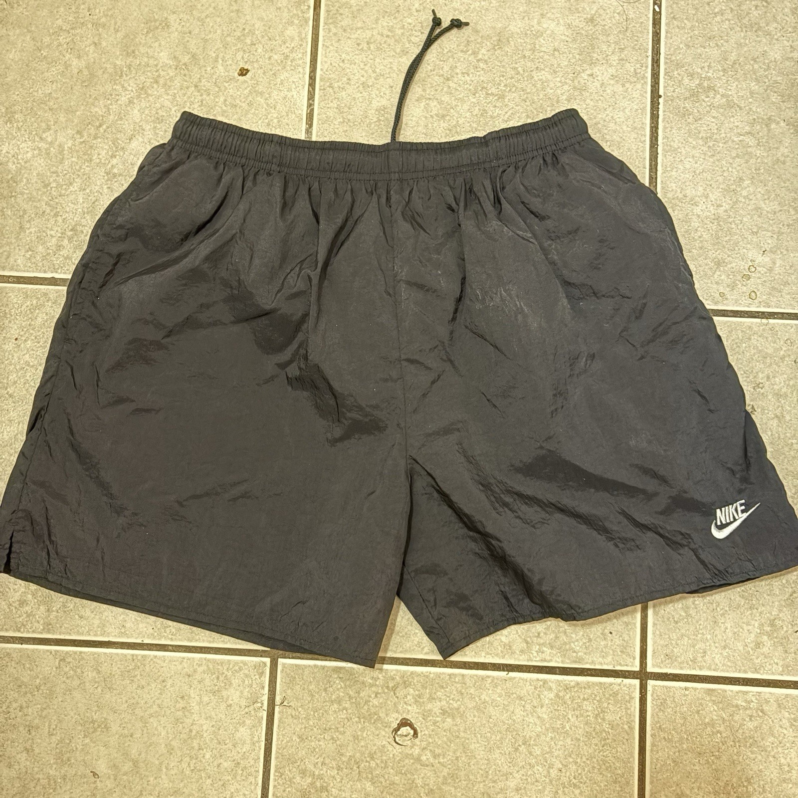 Vintage 90s Nike Swoosh Faded Swim Trunks Black Size Large Mesh Lined Pockets