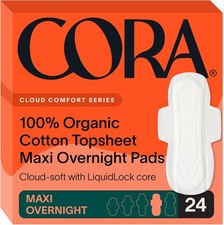 Cora Organic Cotton Maxi Overnight Pads, 24 Count - Extra Heavy Absorbency