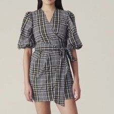 Ganni Plaid Puff Sleeve Wrap Dress, Size S (EU 36)