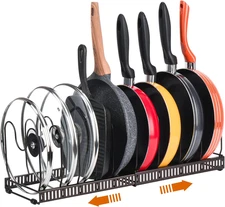 Pots and Pans Organizer Rack for Cabinet and Countertop, 10+ Pot Lids, Bakeware 