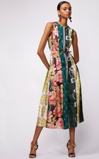 Oscar de la Renta Belted Patchwork Midi Dress Stripe Silk Twill Floral S 4 NWT