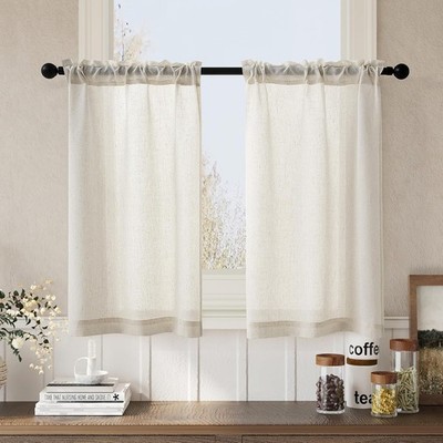 Cream Linen 36 Inch Length Kitchen Curtains Rod Pocket 2 Panels Set  Light
