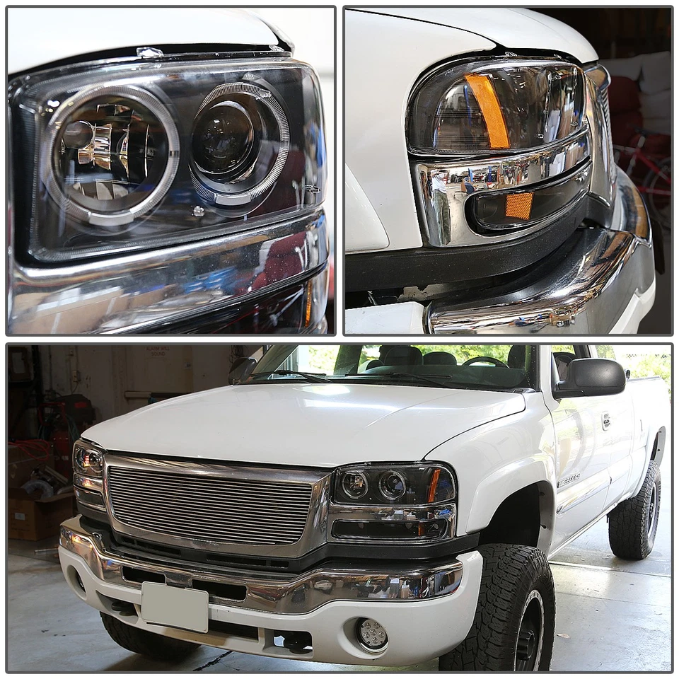 [LED HALO] PARA 1999-2006 GMC SIERRA YUKON PROJETOR FARÓIS LÂMPADA DE PARA-CHOQUE PRETO - Imagem 3 de 4