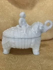 Vintage French Vallerysthal Portieux Opaline Milk Glass Elephant Trinket Dish