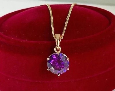 2Ct Round Cut Lab-Created Amethyst Halo Pendant 14K Rose Gold Plated Silver