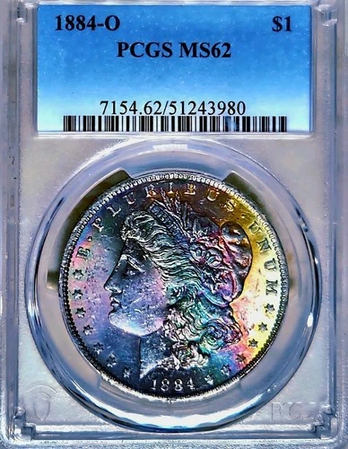 1884 O $1 🌈 RAINBOW TONED Morgan Dollar PCGS MS-62 🌈 GORGEOUS Toning!