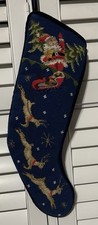 Vtg Needlepoint Christmas Stocking Santa Claus Reindeer Dk Blue Velvet Back 18  